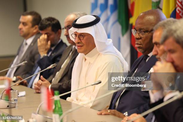 Abdulaziz bin Salman, Saudi Arabia's energy minister, center, speaks during a news conference following the 33rd meeting of the Organization of...