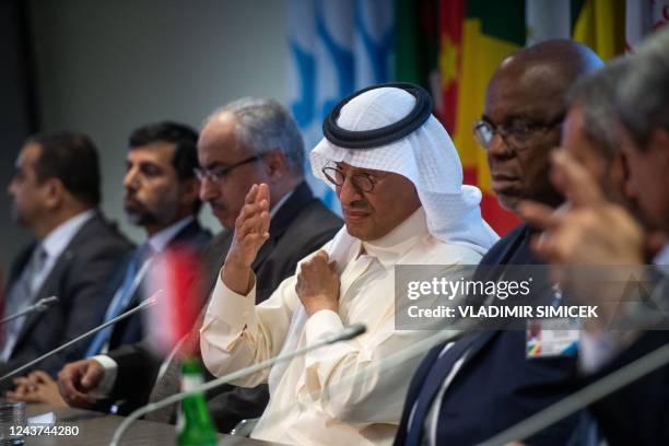 Saudi Arabia's Minister of Energy Abdulaziz bin Salman speaks during a press conference after the 45th Joint Ministerial Monitoring Committee and the...