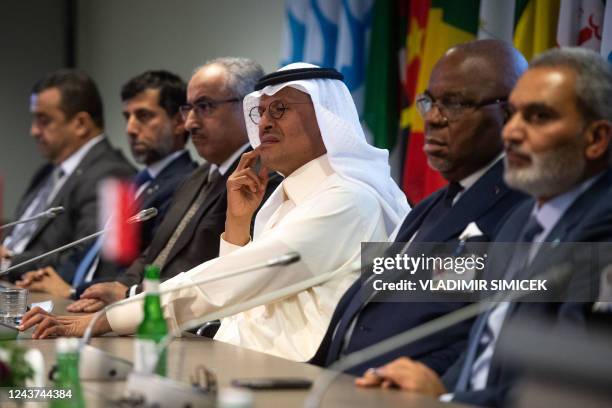 Saudi Arabia's Minister of Energy Abdulaziz bin Salman looks on during a press conference after the 45th Joint Ministerial Monitoring Committee and...