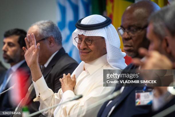 Saudi Arabia's Minister of Energy Abdulaziz bin Salman gestures during a press conference after the 45th Joint Ministerial Monitoring Committee and...
