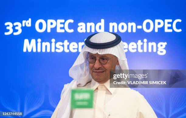 Saudi Arabia's Minister of Energy Abdulaziz bin Salman looks on during a press conference after the 45th Joint Ministerial Monitoring Committee and...