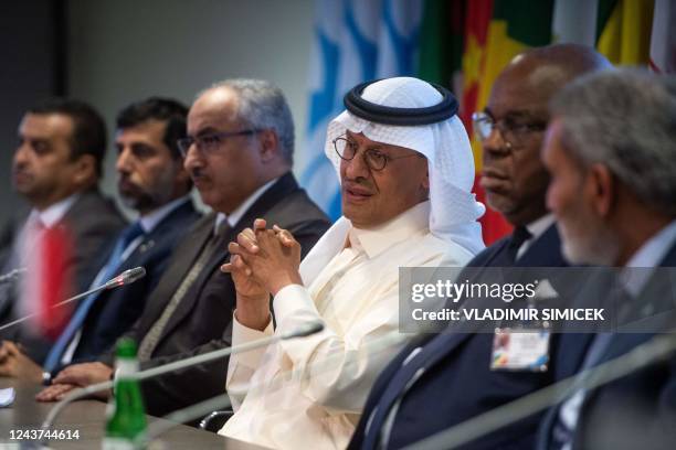 Saudi Arabia's Minister of Energy Abdulaziz bin Salman speaks during a press conference after the 45th Joint Ministerial Monitoring Committee and the...