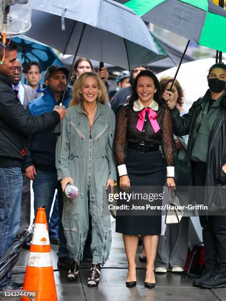 Sarah Jessica Parker and Kristin Davis are seen on the set of season two of 'And Just Like That' on October 05, 2022 in New York City.