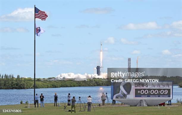 The SpaceX Falcon 9 rocket carrying the Crew5 Dragon spacecraft lifts off from the Kennedy Space Center in Florida on October 5, 2022. - The crew...
