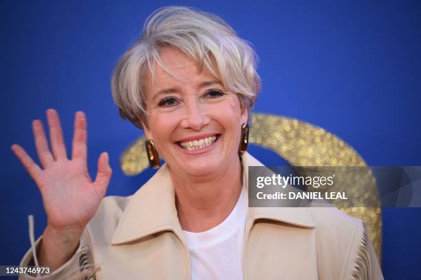 English actress Emma Thompson poses on the red carpet on arrival to attend the World premiere of the Roald Dahl's Matilda The Musical, during the...