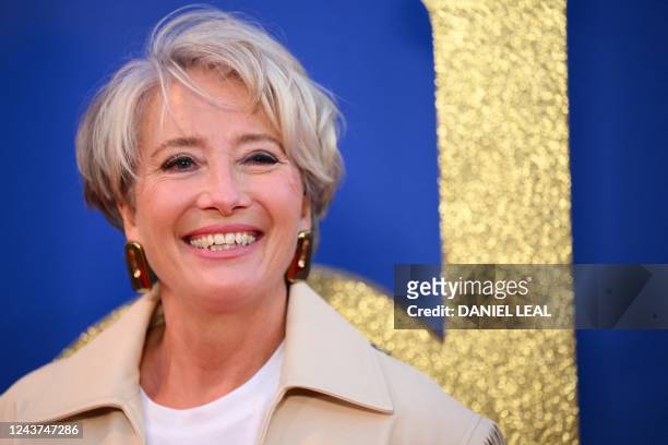 English actress Emma Thompson poses on the red carpet on arrival to attend the World premiere of the Roald Dahl's Matilda The Musical, during the...