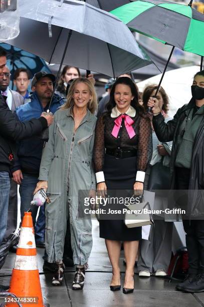 Sarah Jessica Parker and Kristin Davis are seen on the film set of the 'And Just Like That' Season 2 TV Series on October 05, 2022 in New York City.