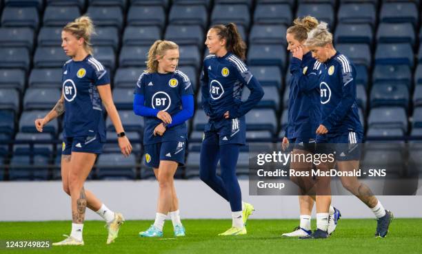 Erin Cuthbert and Caroline Weir during a Scotland Women's National Team training session at Hampden Park, on October 05 in Glasgow, Scotland.