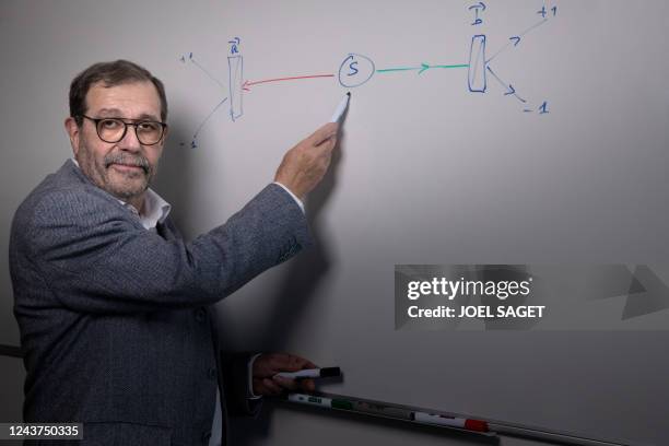 French physicist and co-recipient of the Nobel Physics Prize, Alain Aspect, shows the Aspect plan during a photo session at the Institut d'Optique...