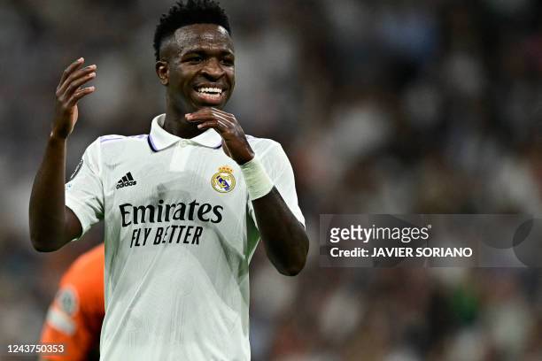 Real Madrid's Brazilian forward Vinicius Junior celebrates scoring his team's second goal during the UEFA Champions League 1st round day 3 group F...