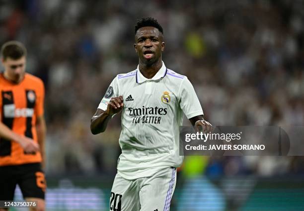 Real Madrid's Brazilian forward Vinicius Junior celebrates scoring his team's second goal during the UEFA Champions League 1st round day 3 group F...