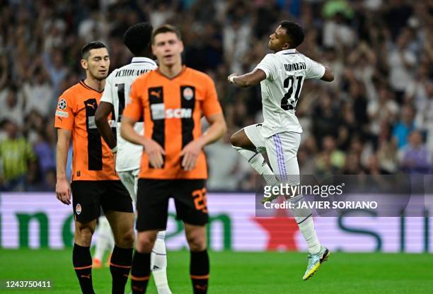 Real Madrid's Brazilian forward Rodrygo celebrates scoring his team's first goal during the UEFA Champions League 1st round day 3 group F football...
