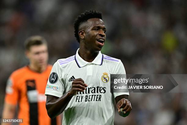 Real Madrid's Brazilian forward Vinicius Junior celebrates scoring his team's second goal during the UEFA Champions League 1st round day 3 group F...