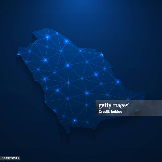saudi arabia map network - bright mesh on dark blue background - riyadh stock illustrations