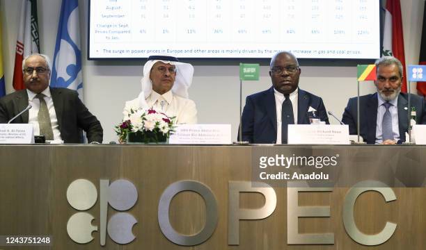 Secretary-General of OPEC Haitham al-Ghais and Saudi Arabia's Minister of Energy Prince Abdulaziz bin Salman Al-Saud hold a press conference after...