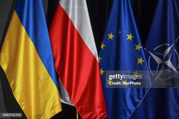 Flags of Ukraine, Poland, European Union and NATO are seen at the Warsaw Security Forum 2022 organised by the Casimir Pulaski Foundation. On Tuesday,...