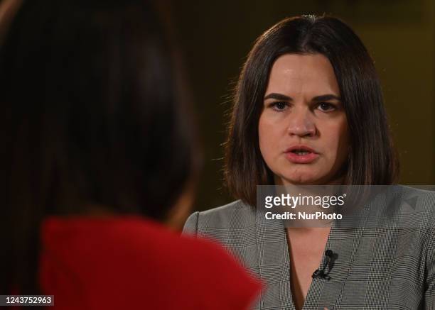 Sviatlana Tsikhanouskaya, the Leader of the Belarusian Democratic Movement, is seen during a TV interview at the Warsaw Security Forum 2022 organised...