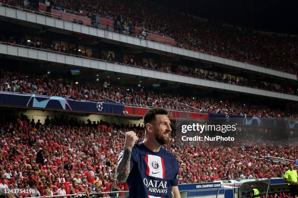 Lionel Messi of Paris Saint-Germain celebrates after scoring a goal during the UEFA Champions League group H football match between SL Benfica and...