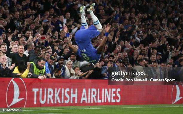 Chelsea's Pierre-Emerick Aubameyang celebrates scoring his side's second goal during the UEFA Champions League group E match between Chelsea FC and...