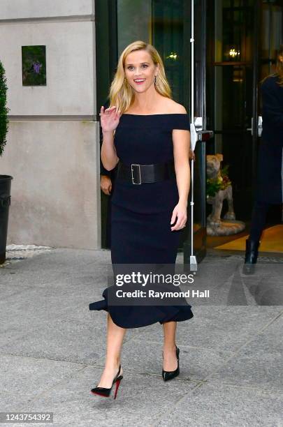 Reese Witherspoon departs from her hotel on October 5, 2022 in New York City.