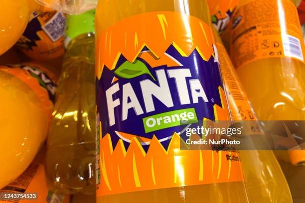 Fanta logo is seen on a bottle in a shop in Krakow, Poland on October 5, 2022.