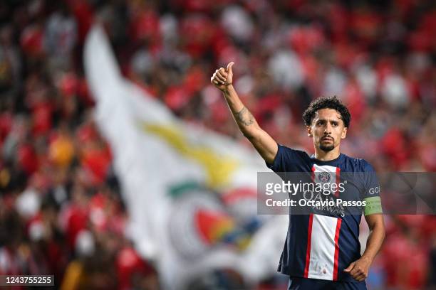 Marquinhos of Paris Saint-Germain greets the fans at the end of the UEFA Champions League group H match between SL Benfica and Paris Saint-Germain at...