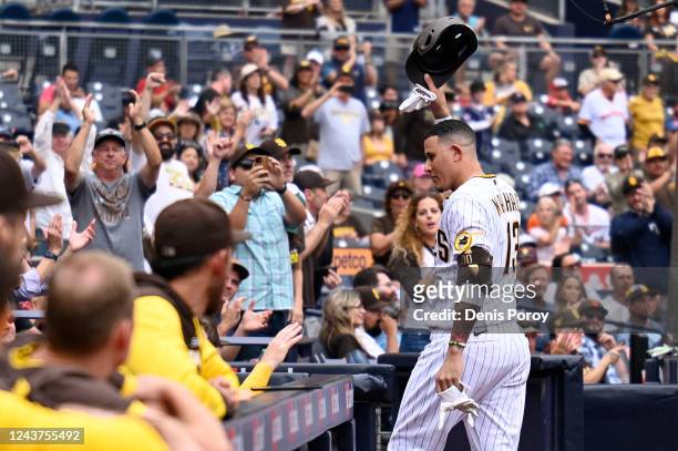Manny Machado of the San Diego Padres acknowledges the crowd as he leaves a after baseball game against the San Francisco Giants October 5, 2022 at...