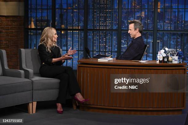 Episode 1341 -- Pictured: Actress/Talk Show Host Kelly Ripa during an interview with host Seth Meyers on October 5, 2022