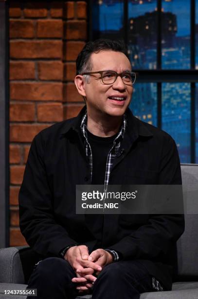 Episode 1341 -- Pictured: Actor/Musician Fred Armisen, Comedian Ana Fabrega during an interview with host Seth Meyers on October 5, 2022 --