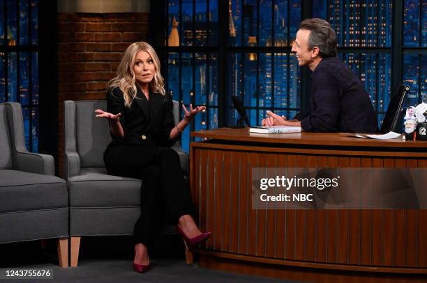 Episode 1341 -- Pictured: Actress/Talk Show Host Kelly Ripa during an interview with host Seth Meyers on October 5, 2022 --