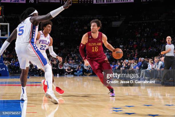 Cedi Osman of the Cleveland Cavaliers dribbles the ball against the Philadelphia 76ers during a preseason game on October 5, 2022 at the Wells Fargo...