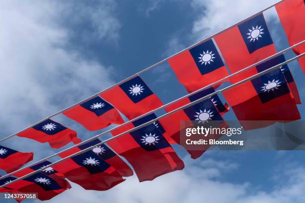 Taiwanese flags ahead of Taiwan's national day in Taipei, Taiwan, on Wednesday, Oct. 5, 2022. Taiwan warned it would treat any Chinese incursion into...