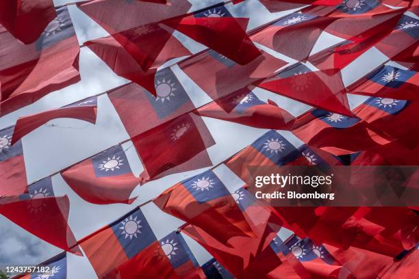 Taiwanese flags ahead of Taiwan's national day in Taipei, Taiwan, on Wednesday, Oct. 5, 2022. Taiwan warned it would treat any Chinese incursion into...