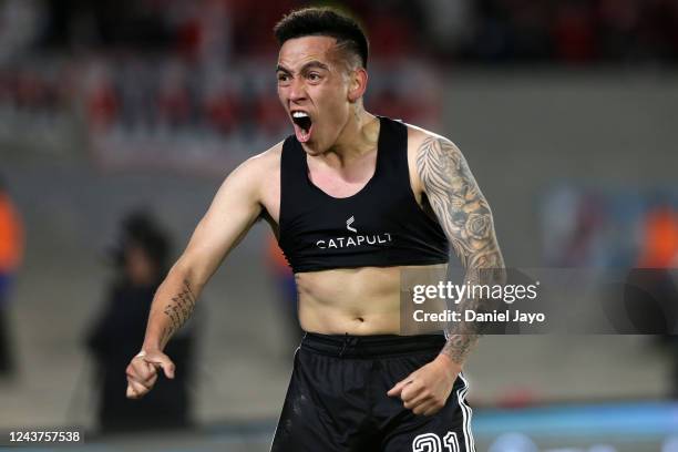 Esequiel Barco of River Plate celebrates after scoring the fourth goal of his team during a match between River Plate and Estudiantes as part of Liga...