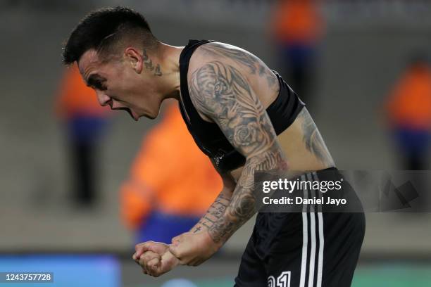 Esequiel Barco of River Plate celebrates after scoring the fourth goal of his team during a match between River Plate and Estudiantes as part of Liga...