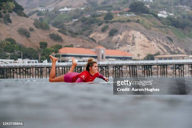 Longboard Champion Soleil Errico of United States surfs in Heat 1 of the Quarterfinals at the Cuervo Classic Malibu Longboard Championship on October...