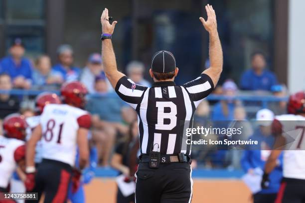 Referee signals a touchdown during a regular season NCAA football game between the San Diego State Aztecs and the Boise State Broncos Friday, Sept....