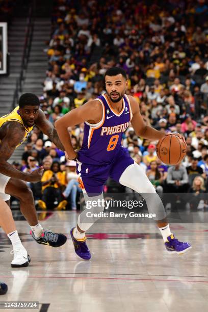 Timothe Luwawu-Cabarrot of the Phoenix Suns dribbles the ball against the Los Angeles Lakers during a preseason game on October 5, 2022 at T-Mobile...