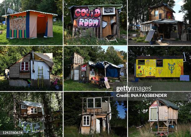 This combination of pictures taken on October 5, 2022 shows self-built houses of climate activists in Luetzerath near the Garzweiler lignite open...