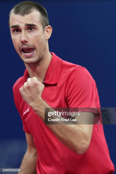 Tomislav Pucar of Croatia reacts against Kay Stumper of Germany during 2022 ITTF World Team Championships Finals - Men's Teams-Round of 16 on Day 7...