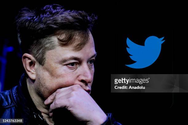 In this photo illustration, the image of Elon Musk is displayed on a computer screen and the logo of twitter on a mobile phone in Ankara, Turkiye on...