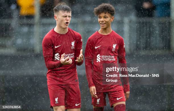 Liverpools Ben Doak and Trent Kone Doherty during a UEFA Youth League match between Rangers and Liverpool at Liverpool FC's Academy Training Ground,...