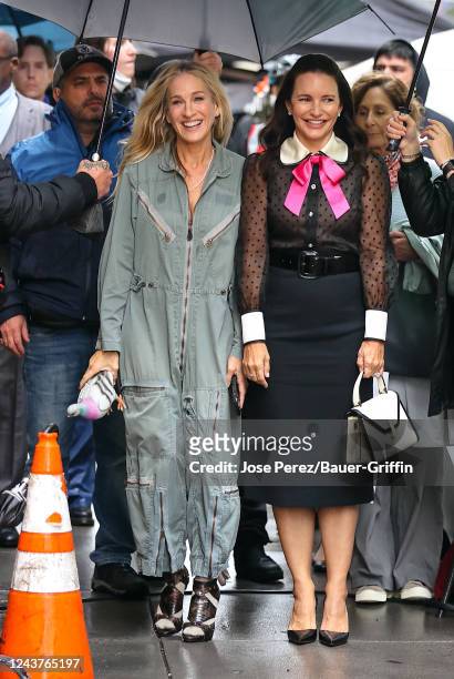 Sarah Jessica Parker and Kristin Davis are seen at film set of the 'And Just Like That' Season 2 TV Series on October 05, 2022 in New York City.