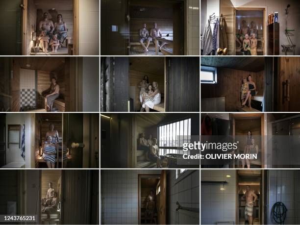 This combination of pictures created on October 6, 2022 shows Finns using saunas in Vaasa, Finland, in September, 2022. - Finns are being urged to...