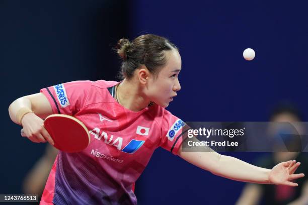 Mima Ito of Japan serves against Ema Labosova of Slovakia during their quarterfinal match on Day 7 of the 2022 ITTF World Team Championships Finals...