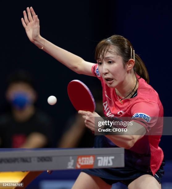 Hina Hayata of Japan competes against Slovakia Women's Team during the Women's match between Japan and Slovakia of 2022 ITTF World Team Championships...