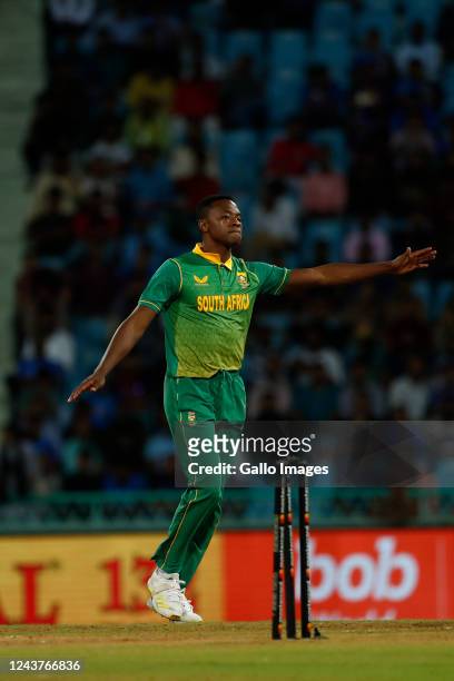Kagiso Rabada of South Africa celebrates the wicket of Shubman Gill of India during the 1st One Day International match between India and South...