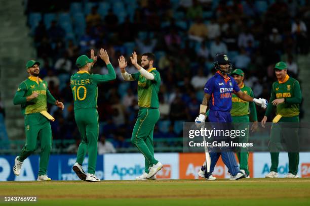 Wayne Parnell of South Africa celebrates the wicket of Shikhar Dhawan of India during the 1st One Day International match between India and South...