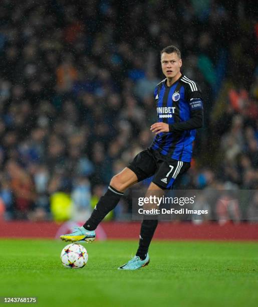 Viktor Claesson of FC Kobenhavn controls the ball during the UEFA Champions League group G match between Manchester City and FC Copenhagen at Etihad...