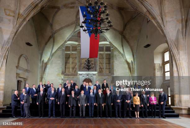European Leaders pose for a familly photo during the first European Political Community meeting in Prague Castel on October 6, 2022 in Prague, Czech...